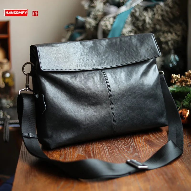 

Soft Black Genuine Leather Men's Bag Commuter Shoulder Messenger Bag A4 File Package Large Capacity Casual Hand Briefcases