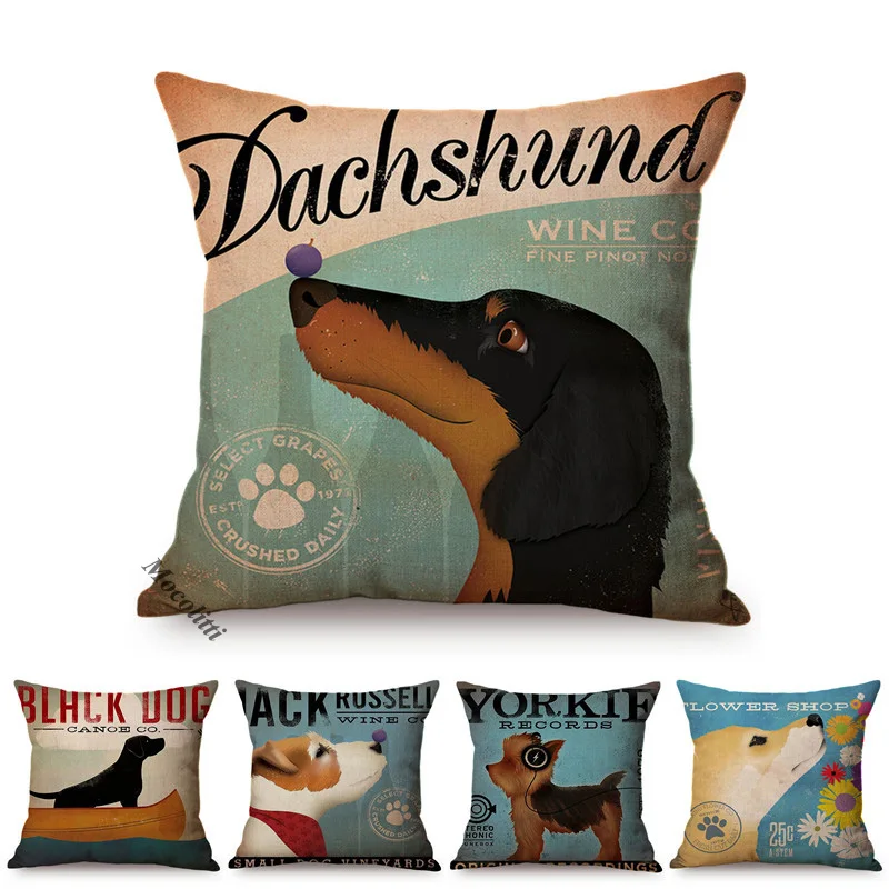 

Dachshund Vintage Poster Design Sofa Cushion Cover Cute Yorkie Poodle Black Dog Print Cotton Linen Home Decorative Pillow Cases