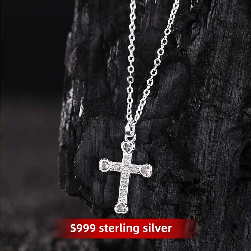 

S999 foot silver cross women's necklace Fashion light luxury niche senior cold wind zircon flash diamond collarbone chain