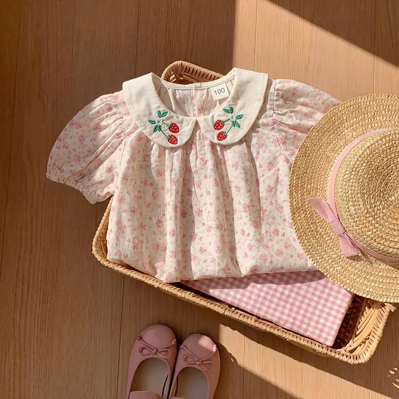 Peter Pan Collar Small Floral Girls Dress 2026 Summer Bubble Sleeves Sweet Children Princess Dress Stylish Cotton Dress