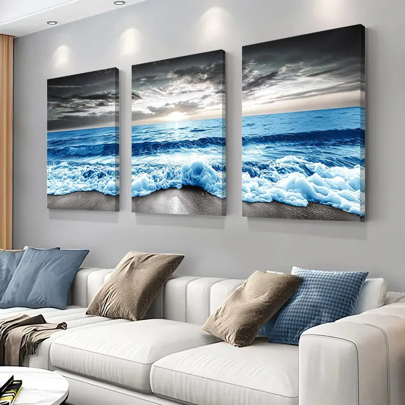 3PCS Modern Minimalist Style Art Poster with Frame Ocean Wave Canvas Wall Art Print Ideal Gift for Bedroom Living Room