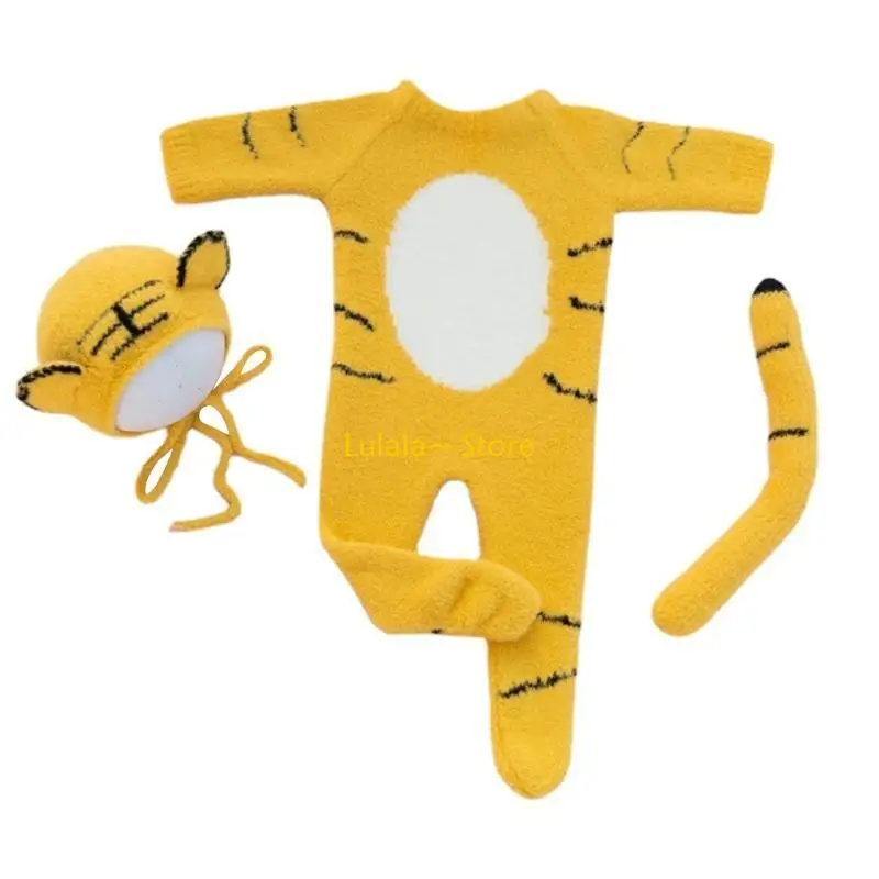 Y4QA Newborn Photography Props Baby Romper Hat for Doll Tail Infants Photo Cap Jumpsuit Bodysuit