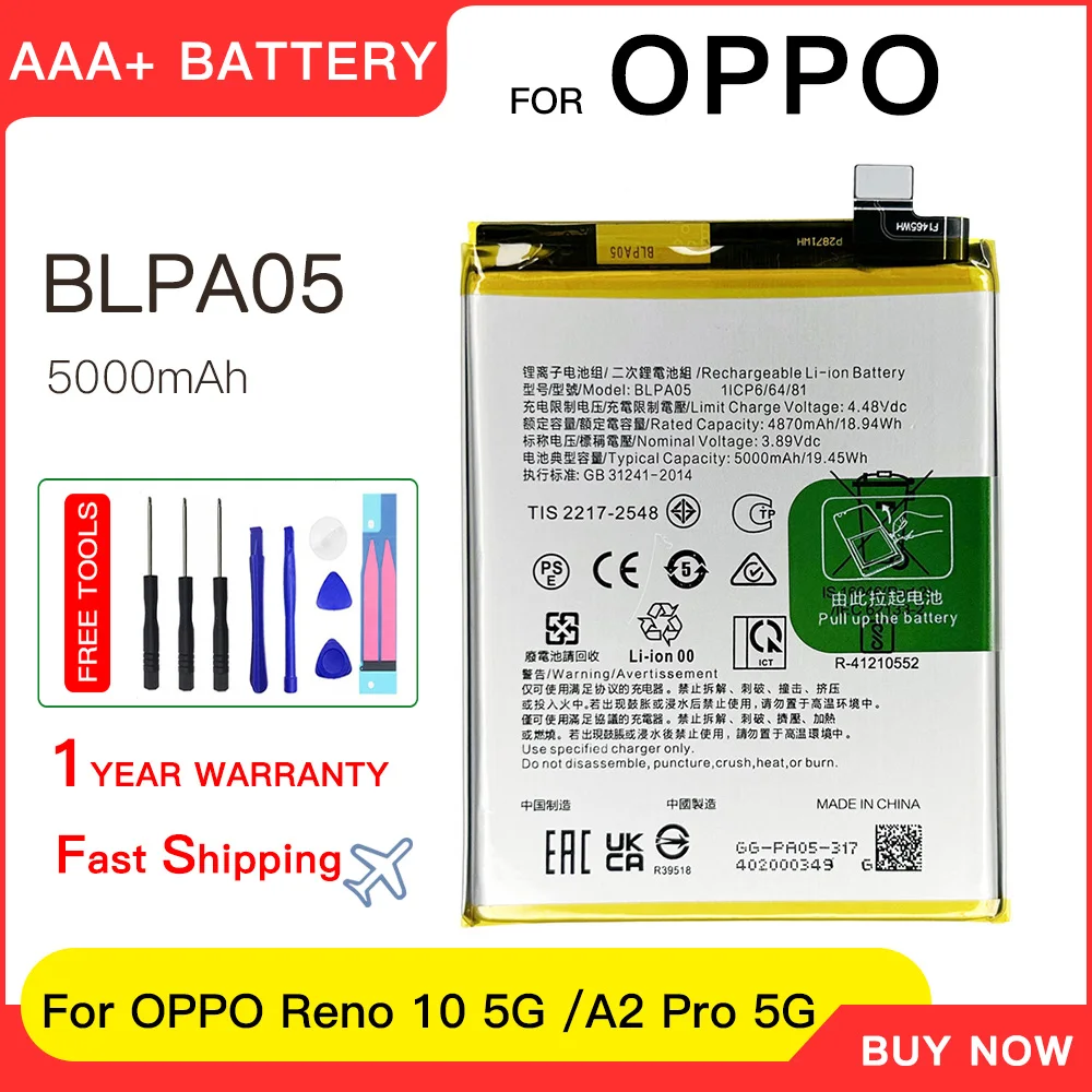 

Genuine REPLACEMENT Battery BLPA05 For OPPO Reno 10 5G A2 Pro 5G BLPA05 Batteries batteria+Free tools