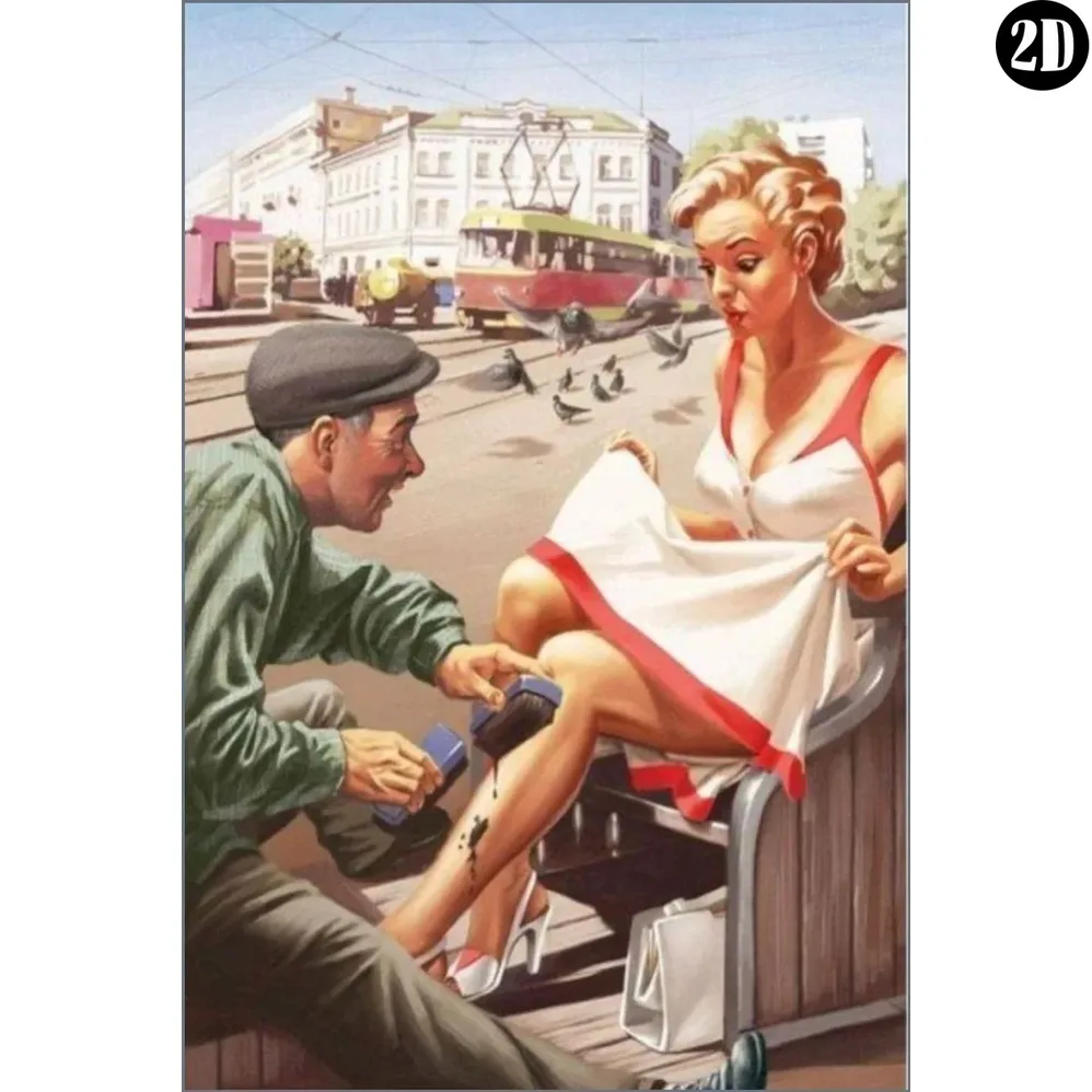 Vintage Metal Tin Sign, Retro Soviet‑Style Pin‑Up Art Shoe‑Shiner City Street Scene Wall Decor For Garage Man‑Cave Bar