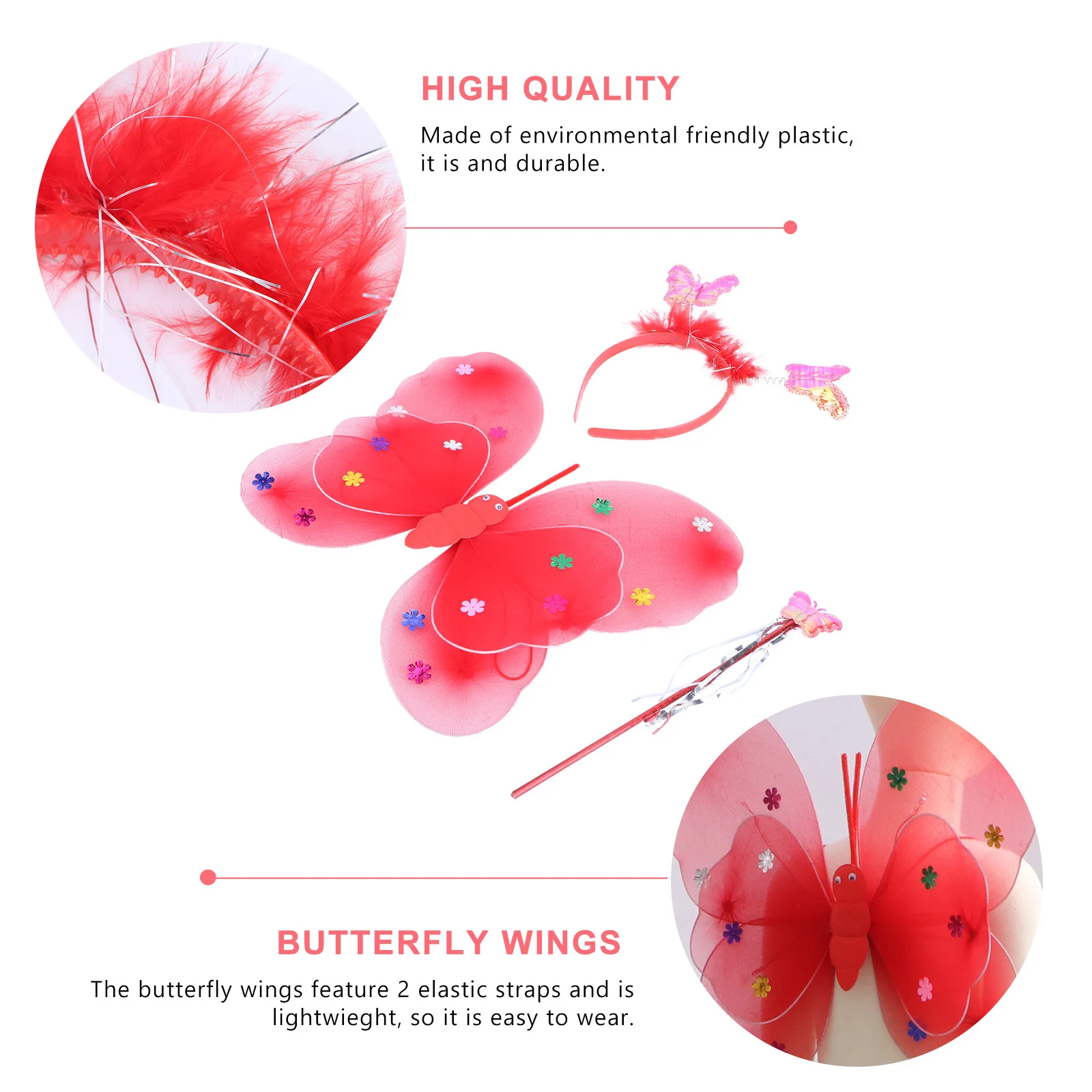 3 pièces LED éclairer ailes de fée rouge Double couche bretelles élastiques bandeau baguette ensemble filles Costume fête habiller ensemble de fée