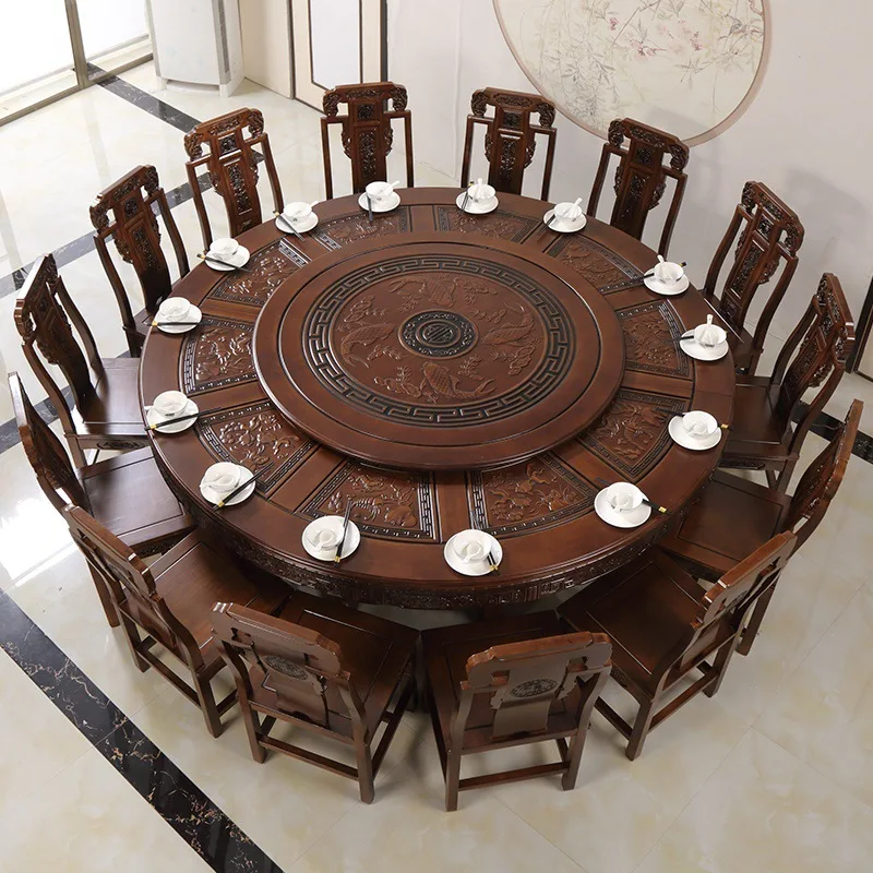 

!@Large Round Automatic Rotatable Real Marble Dining Table Set Commercial Furniture for Hotel Hall Restaurant Sintered Stone Tab