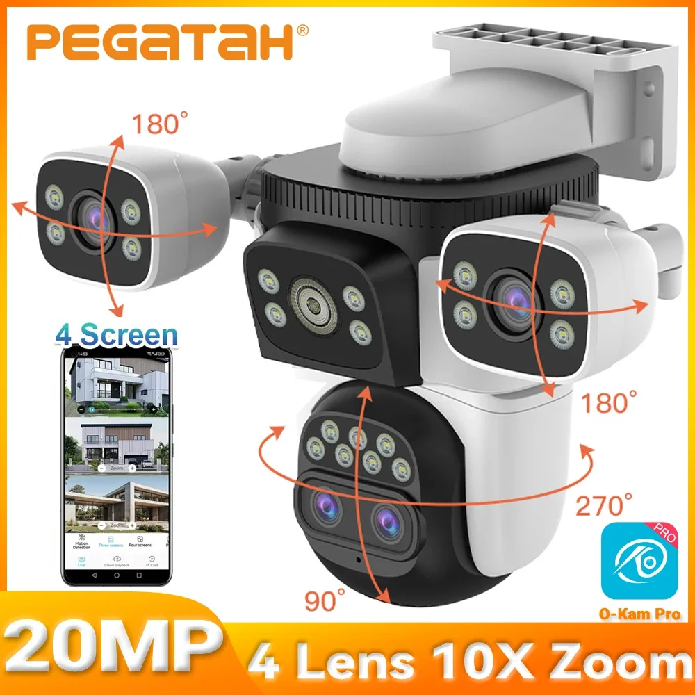 

PEGATAH 20MP 4-объективная уличная Wi-Fi камера безопасности с 10-кратным зумом 360 ° Вид на отслеживание человека IP66 Водонепроницаемый цвет ночного видения