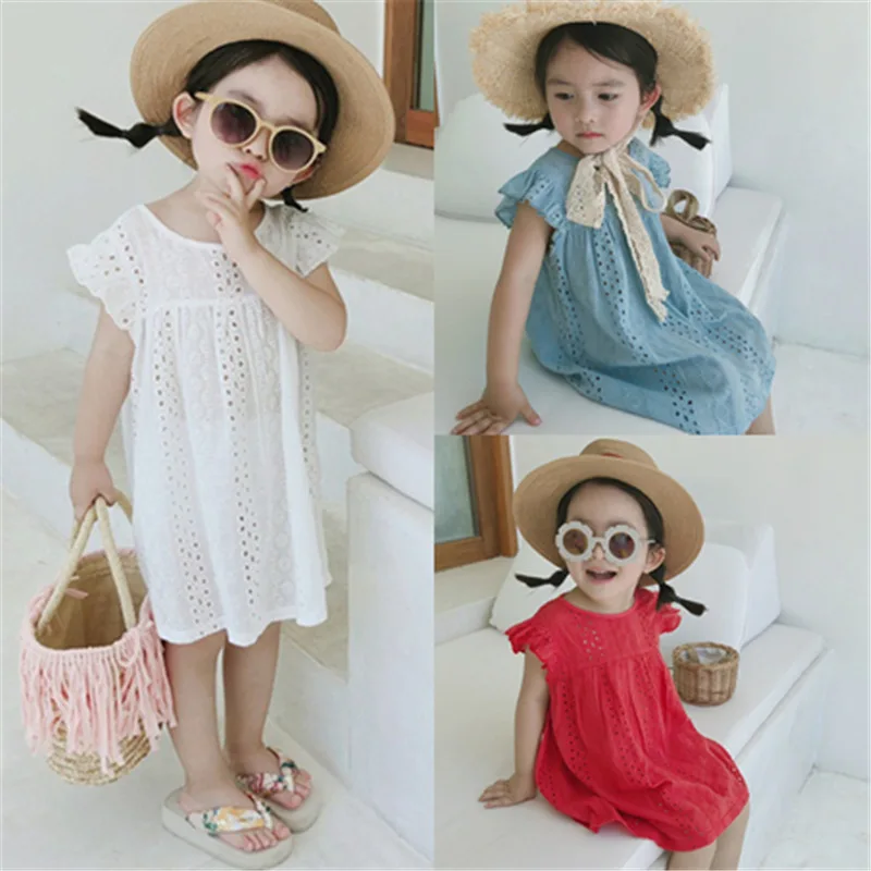 Girls' Dress with Flutter Sleeves and Lace Trim Princess Dress25Summer New Foreign Trade Children's Wear Delivery3-8Years Old