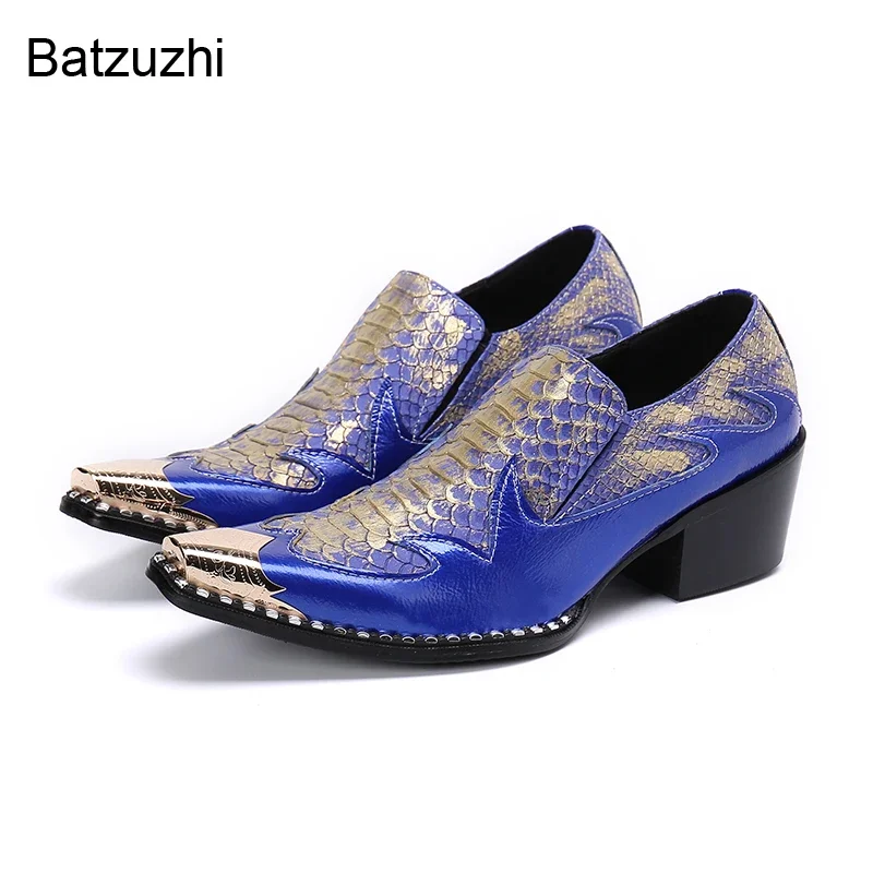 

Batzuzhi New Design Men's Shoes Iron Pointed Toe Leather Dress Shoes Men Blue Business, Party, Wedding Shoes for Men Sapato