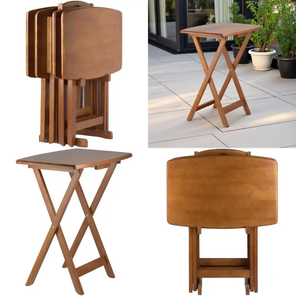 مجموعة طاولات وجبات خفيفة كبيرة من خشب الساج مكونة من 4 قطع مع حامل - طاولات خشبية متينة لتناول الطعام والعمل والترفيه