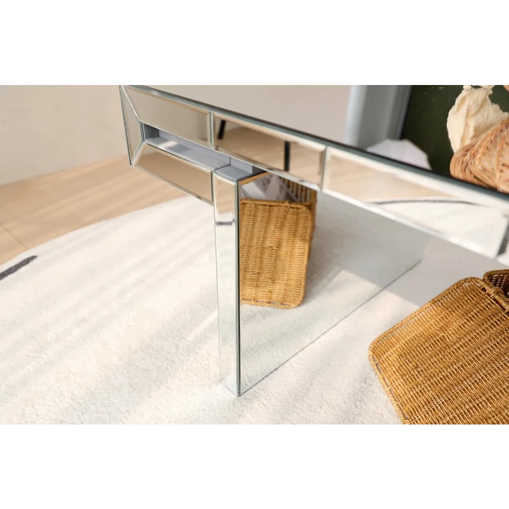 48" Modern Luxury Rectangle Mirrored Coffee Table - Silver Finish Center Table with Fluted Glass Edge