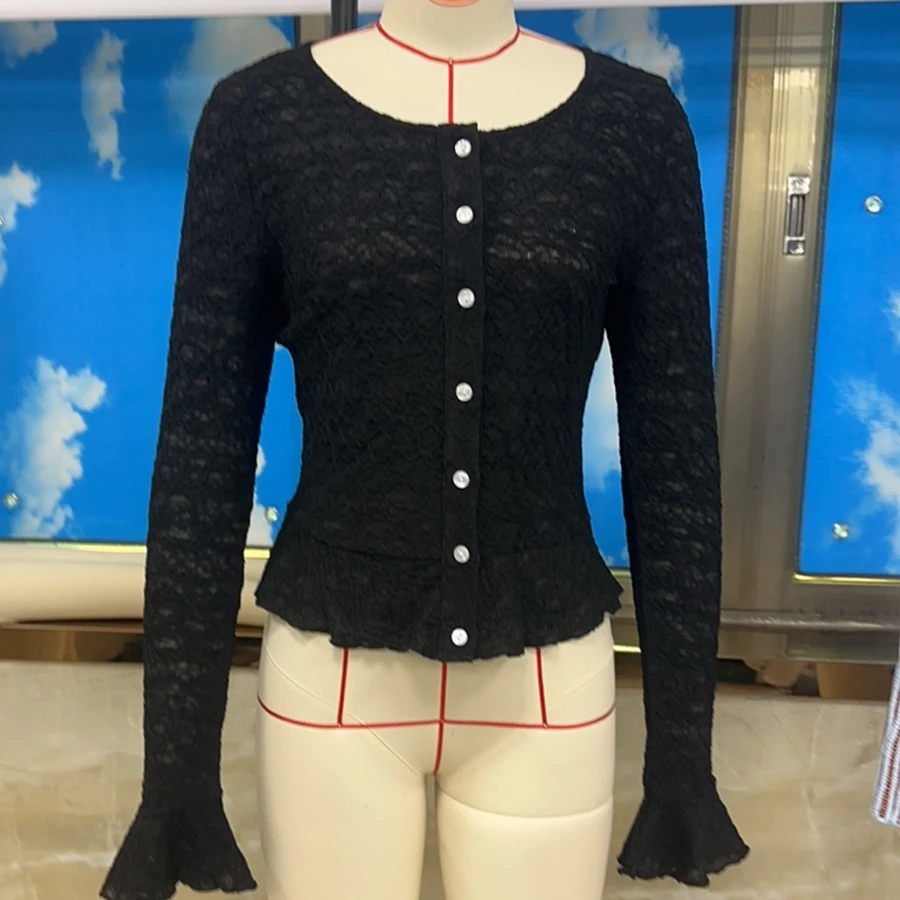 Womens Soild Long Sleeve Lace Top Sheer Tops For Women Elegant Round Neck Blouse Slim Fit White Textured Button Up Shirt