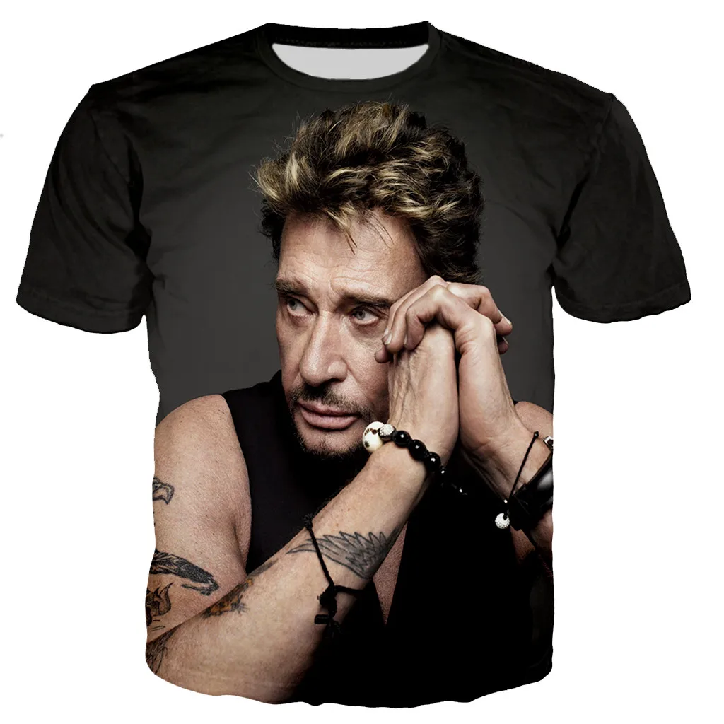 Pop şarkıcı Johnny Hallyday 3D baskılı tişört erkek kaya moda günlük T-shirt Hip Hop Harajuku üstleri yaz erkekler sokak giyim