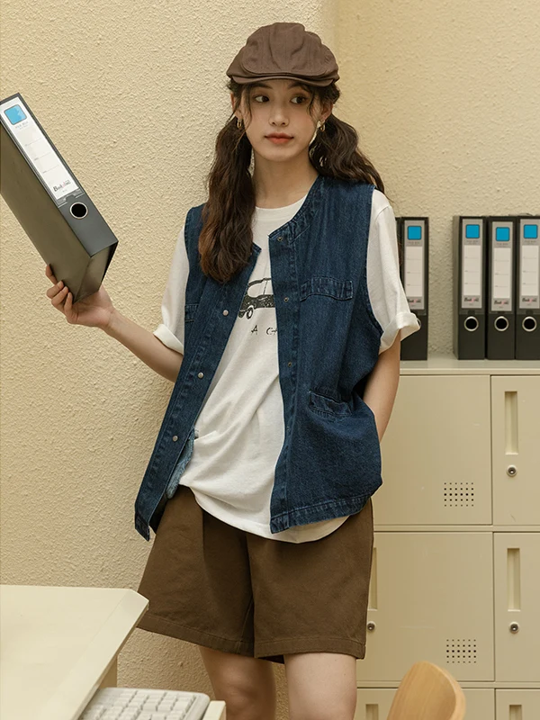 

Женский джинсовый жилет в стиле ретро, лето 2025, новинка, для повседневной носки, с круглым вырезом, на одной пуговице, стандартной длины