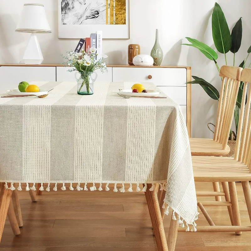 Striped Table Cloth Rectangle Cotton Linen Dust-Proof Table Cover