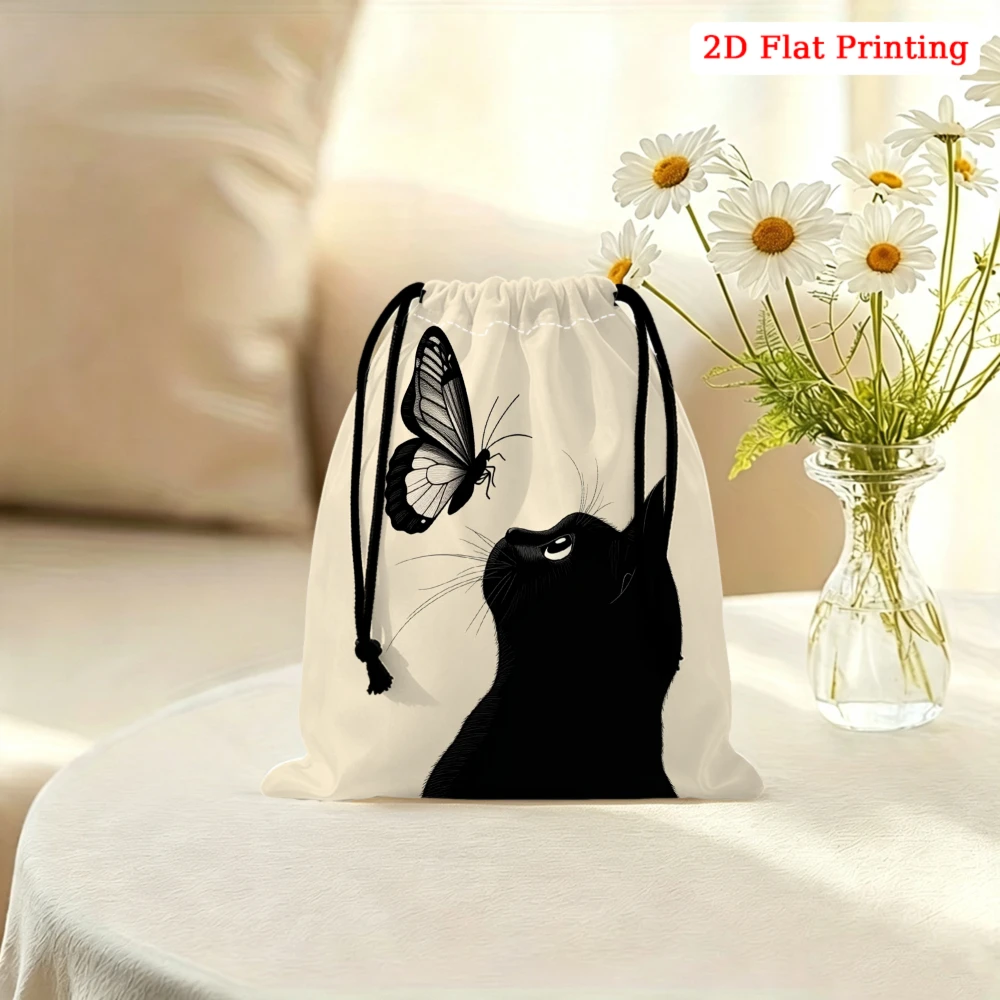 1pc Cute Black Cat And Butterfly Print Drawstring Bag White Storage Small Pouch For Glasses Cosmetics Jewelry Travel Organizer P