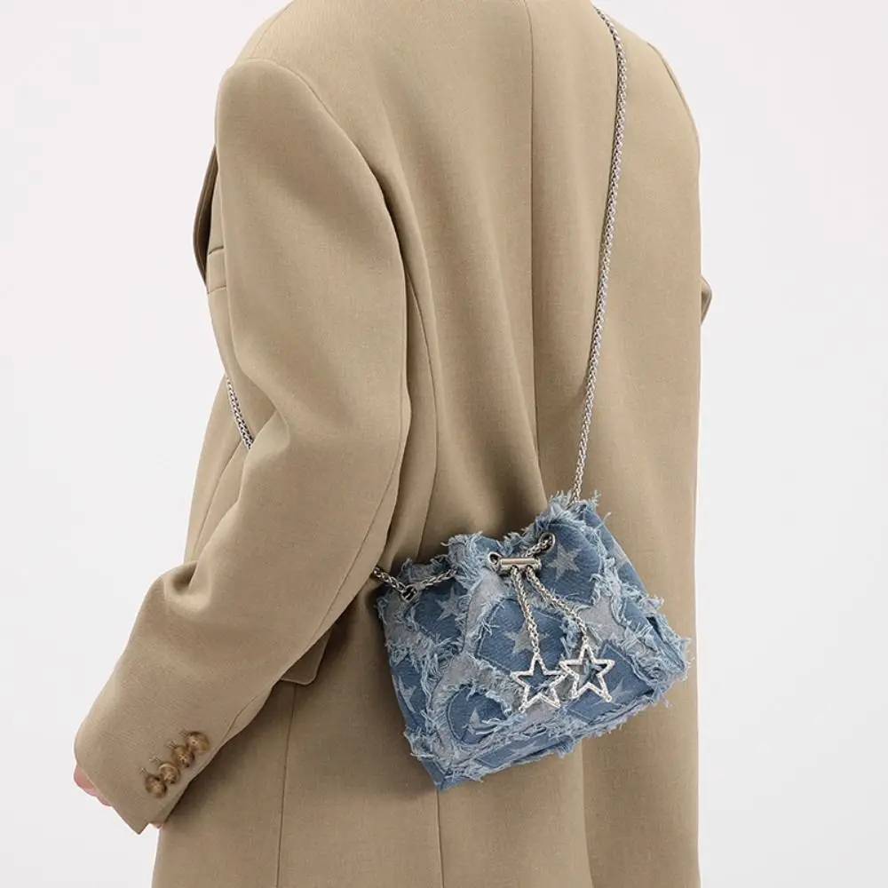 

Tassel Star Denim Bucket Bag Drawstring Handbag Metal Chain Crossbody Bag Korean Style Rhinestone Cloth Shoulder Bag Women
