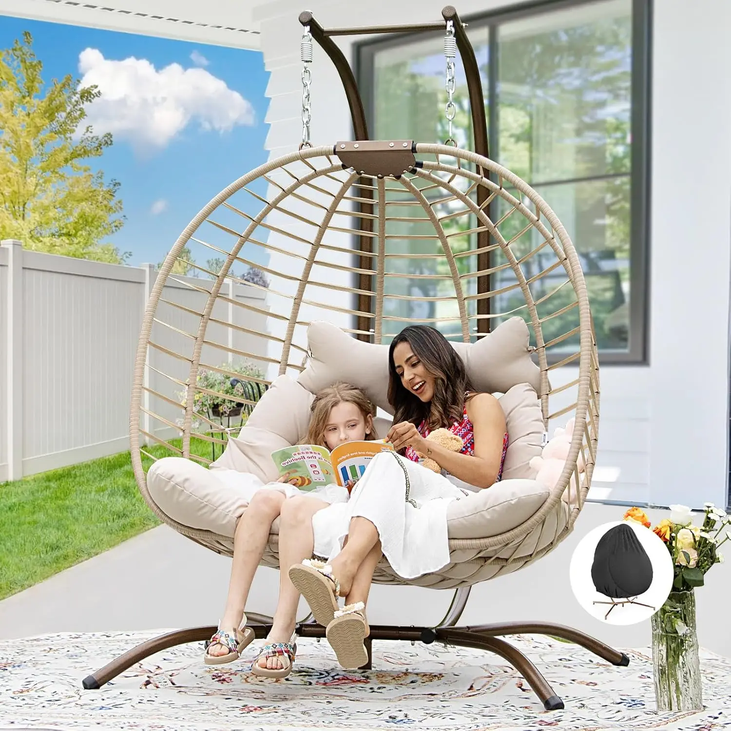 Bulexyard Double Haing Egg Chair With Stand For Outdoor Indoor, Pe Rattan Oversized 2 Person Swing Egg Chair Loveseat For Patio