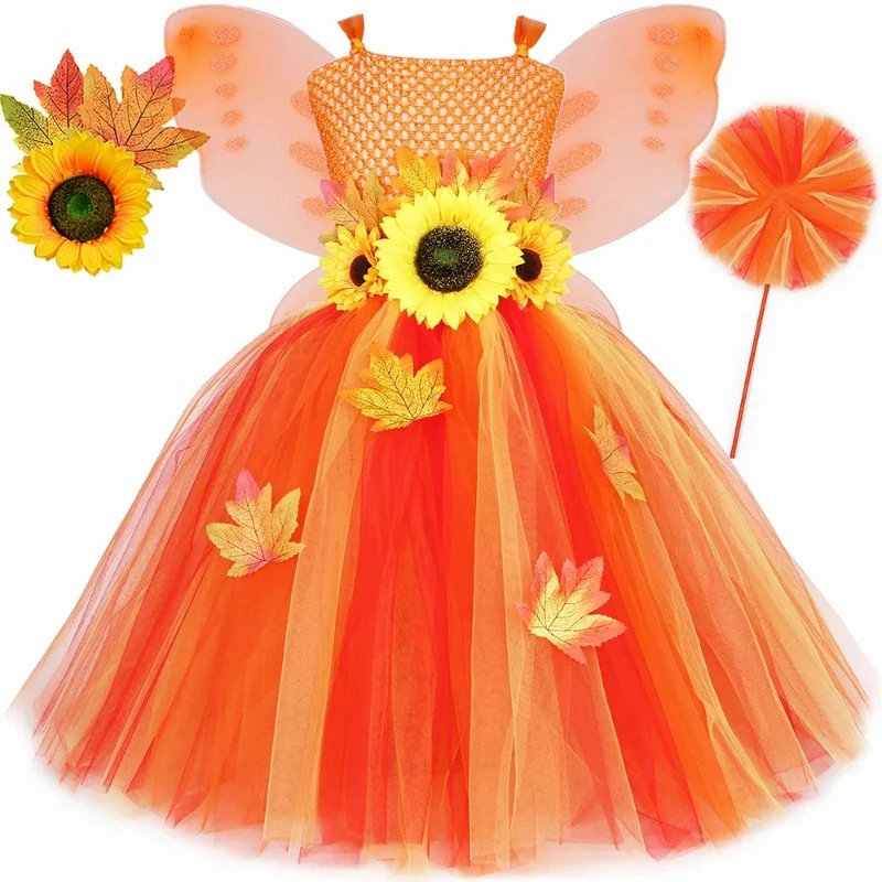 Maple Leaf Sunflower Autumn Fairy Long Dress for Girls Fall Thanksgiving Halloween Costumes Kids Holiday Party Outfits Ball Gown