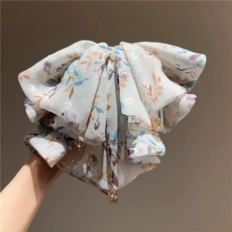 1pc ultra-faia floral laço malha rabo de cavalo garra clipe meio-up acessório de cabelo moda malha hairgrip para parte de trás da cabeça