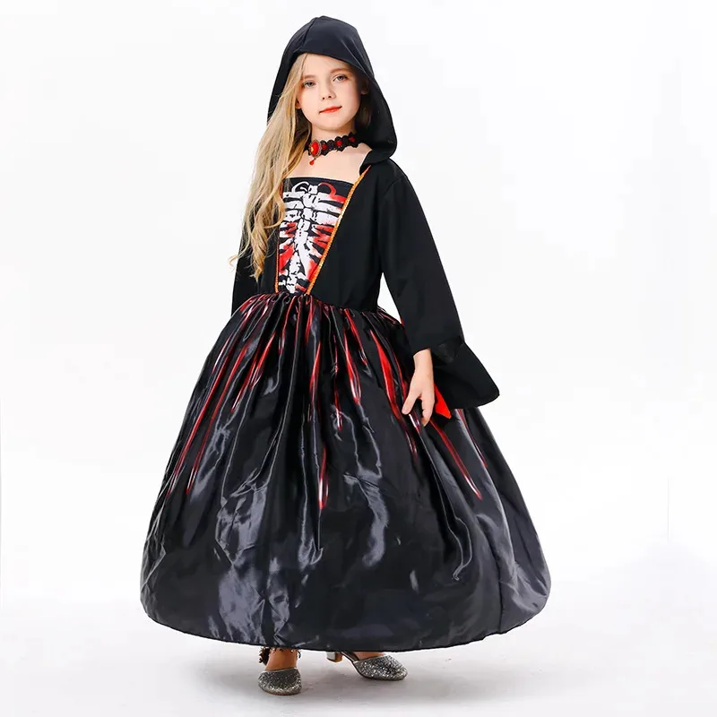 Halloween Witch for Kids Girls Vampire Costume Scary Skeleton Black Death Ghost Cosplay Carnival Party Fancy Dress kmb/25