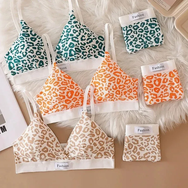  Summer New Women's Leopard Print Traceless and Steel Rim Bra Adjustable Shoulder Strap Back Women's Underwear Set 