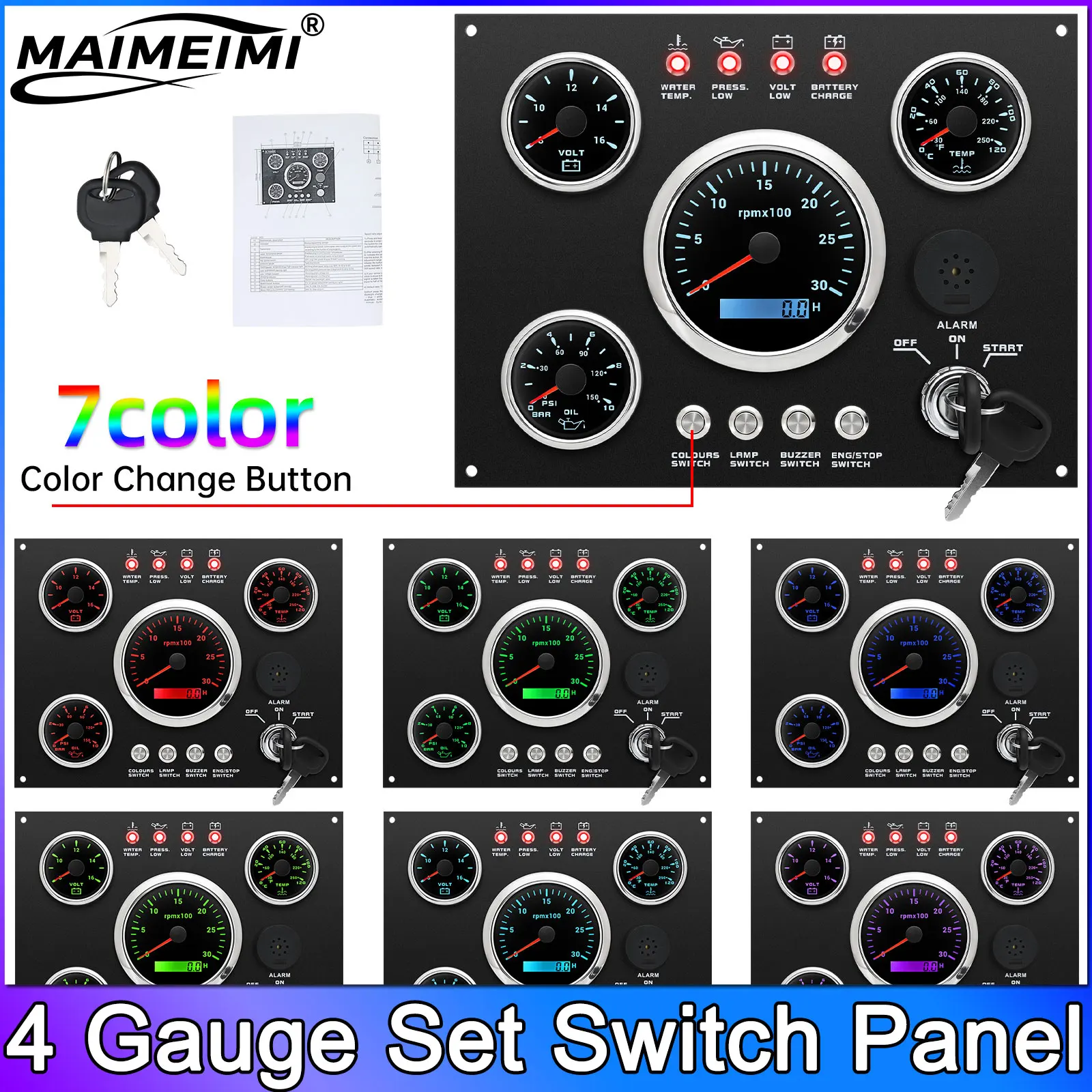 5 Gauge Boat Switch Panel Waterproof Marine Boat Car Switch Panel 24V 12V Tachometer  Water Temp Fuel Level Voltmeter 7 Colors