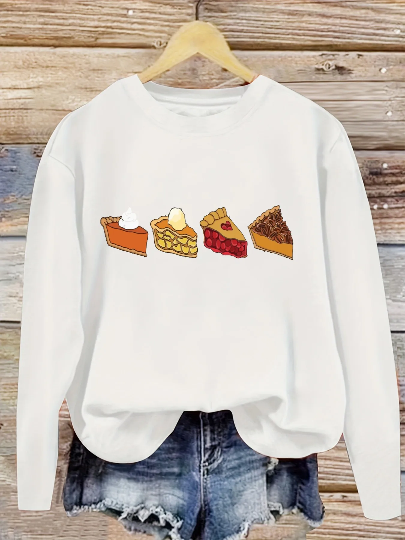 Women's Casual Long Sleeve Crew Neck T-Shirt Four Pie Slices Printed Design Design, Round Neck Women's Clothing, Machine Washable, Slightly Elastic, Loose Fit, Spring Autumn Winter Women's T-Shirt, Halloween Costume Outfit view 5