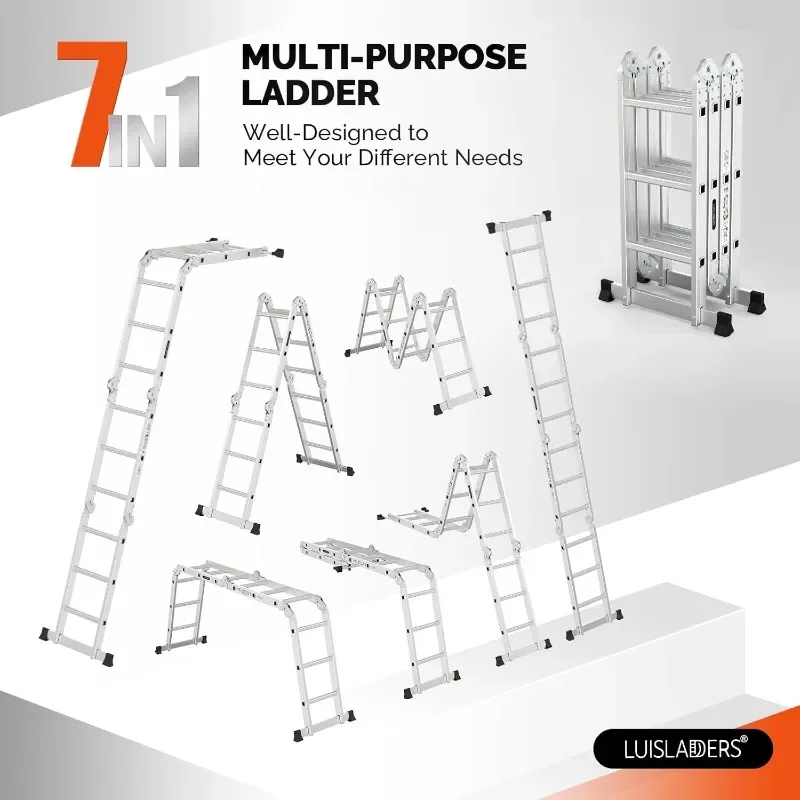 LUISLADDERS Folding Ladder Multi-Purpose Aluminium Extension 7 in 1 Step Heavy Duty Combination EN 131 Standard (12.5 Feet)