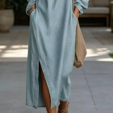 Baumwoll-Leinen-Kleid für Damen, One-Shoulder-Maxikleid, Baumwoll-Leinen-Tunika-Kleid mit Seitenschlitz, lange Ärmel, Sommer, locker geschnitten