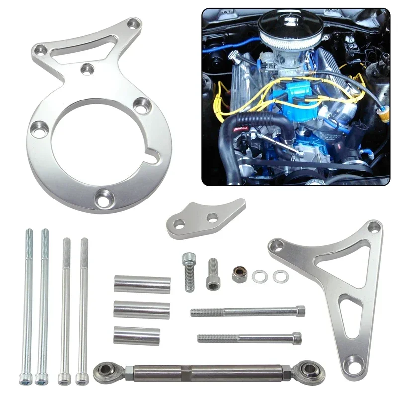 Aluminum T6 Power Steering Bracket Kit Alternator For SB Ford 302 V8 Engines 5.0L 1982-1992 Billet CNC Silver