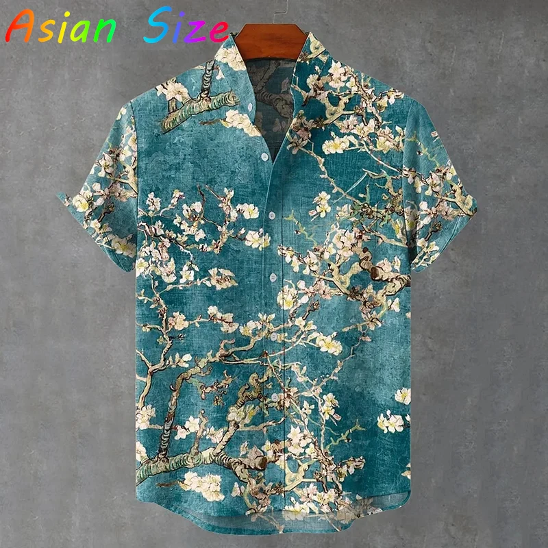 Summer Japanese Clothing - 남성용 빈티지 일본식 꽃 프린트 셔츠
