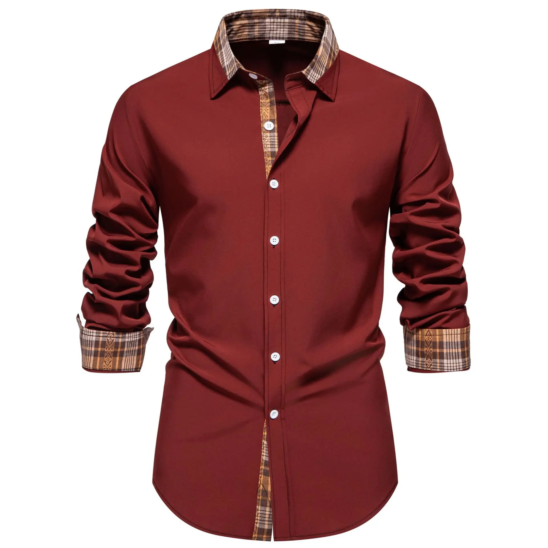 Men's Cotton Solid Color Shirts Long Sleeve Plaid Contrast Patchwork Social Casual Dress Shirt Elegant Men Clothing