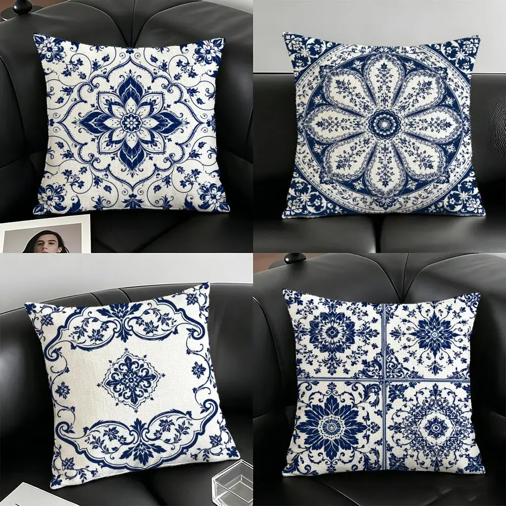 Housse de coussin à motif floral bleu de style ethnique, en lin naturel, tissu biologique, impression double face, respirante, pour la décoration de la maison