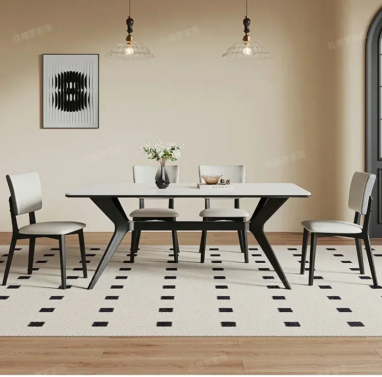 French retro solid wood rock slab dining table matte white high-end rectangular modern simplicity