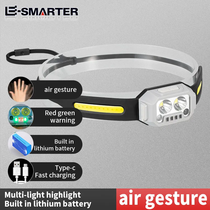 Super Bright COB LED Headlamp com sensor de movimento IR Lâmpada de silicone impermeável Luz de indução com bateria