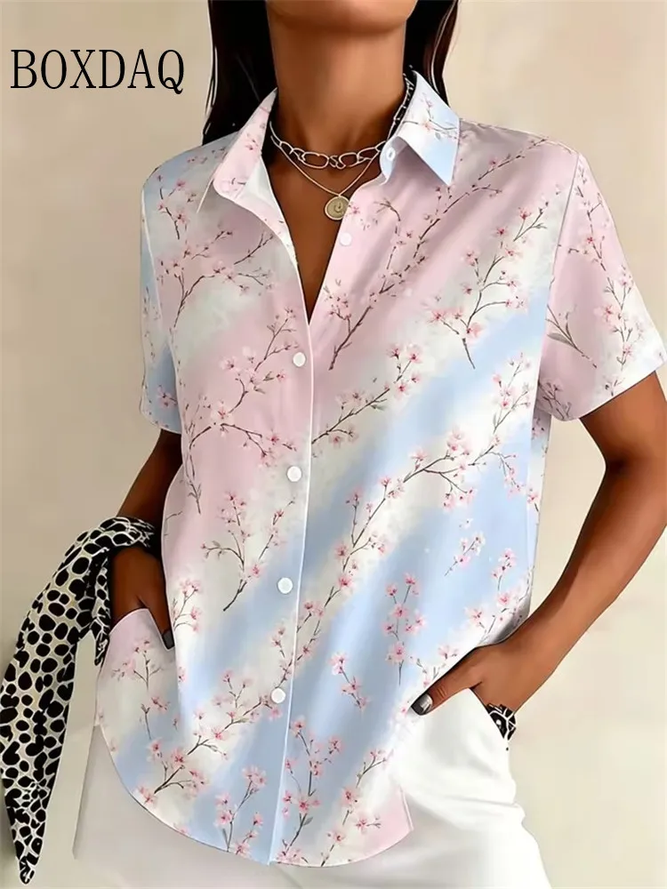 

Women's Summer Blouse 2026 Casual Daily Outfit Floral Print Lapel Shirts Women Fashion Gradient Button Loose Short Sleeve Tops