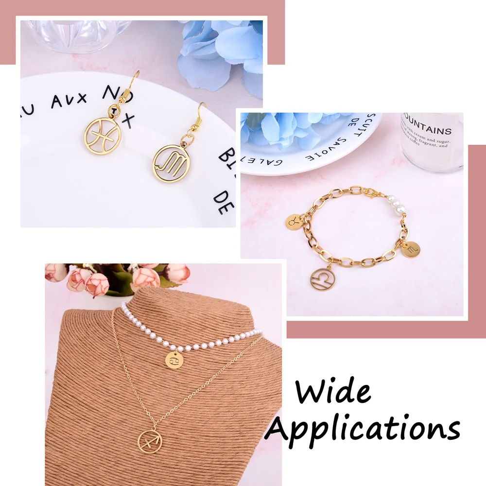 24Pcs Gold Color Flat Round Twelve Constellations Sign Charms Horoscope Astro Pendant DIY Jewelry Making Accessories