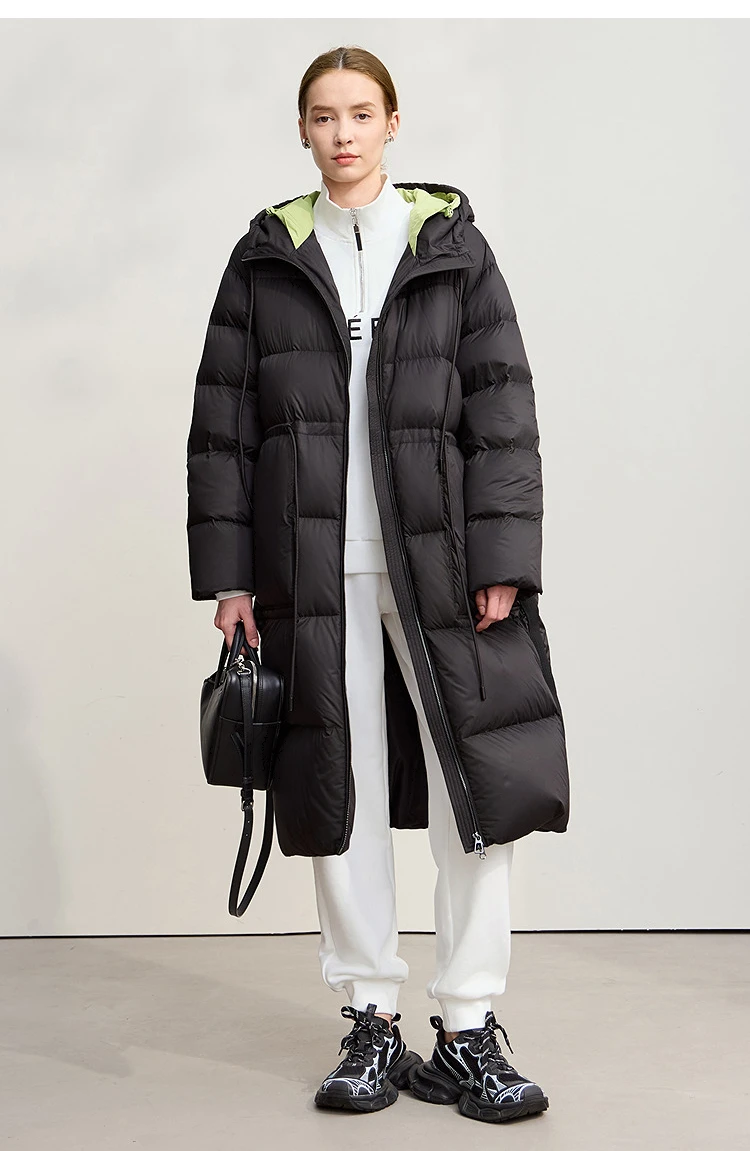 AMII Hooded Down Jacket 2026 Winter New Warm Zipper Long Sleeve 85% White Duck Down Coat Woman Loose Straight Long Coat 12524017