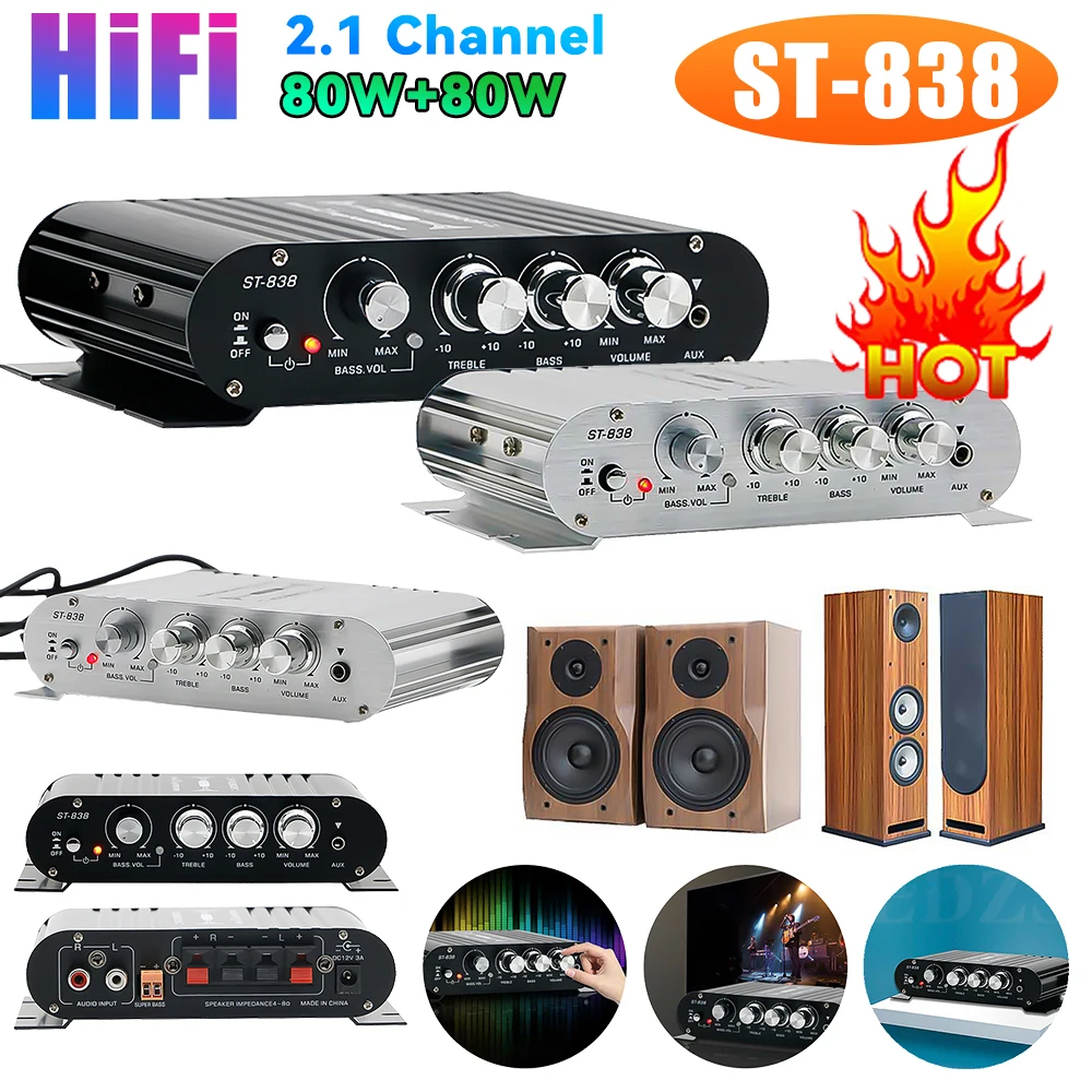 ST-838 HiFi 2.1 Channel Power Amplifier Stereo Bass Sound Amp RMS 80W*2 Class D Mini Media Player MP3 Car Black Home Amplify