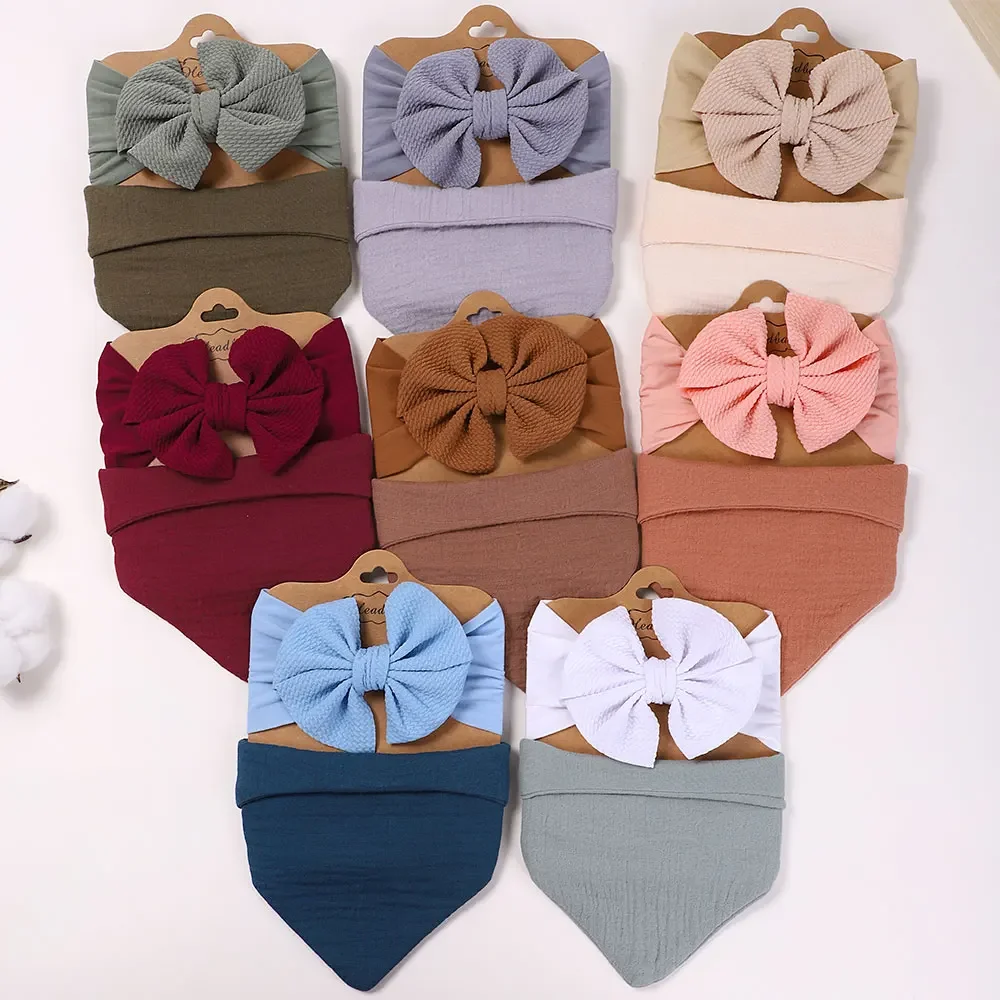 2Pcs/lot Baby Solid Color Bib Turban Big Bow Headband Set for Newborns Elastic Bandana Hairband Headscarf for Toddler Bibs Sets