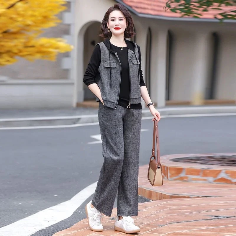 Fashion Mother Outfit Hooded Vest Casual Pants Sweatshirt Three Piece Set Spring Autumn New Noble Middle-aged Elderly Suits 5XL