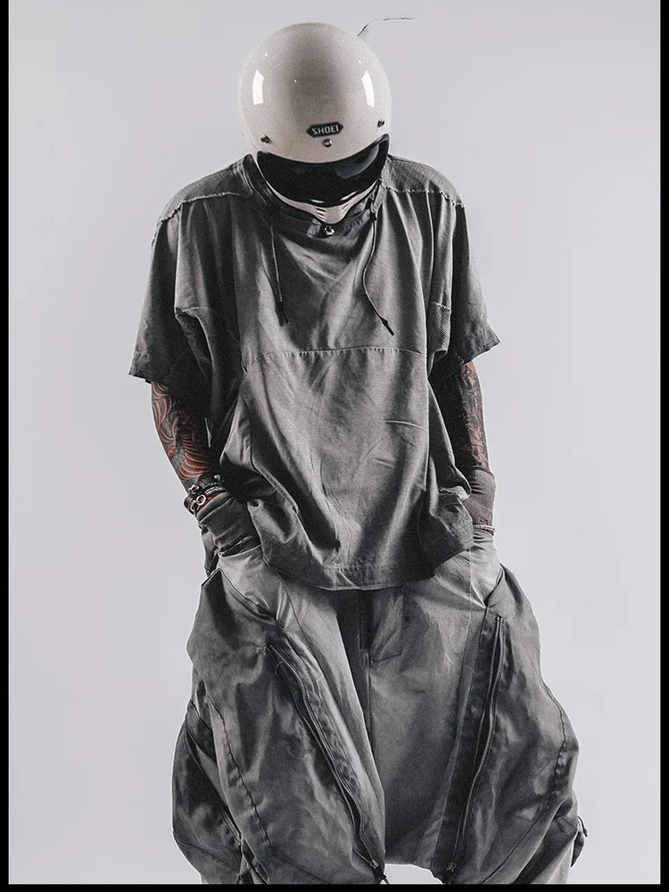 Drklei Summer Ice Silk Cotton Trendy Quick Dry Breathable Loose Deconstructed Patchwork Desert Function Short Sleeve T-Shirt