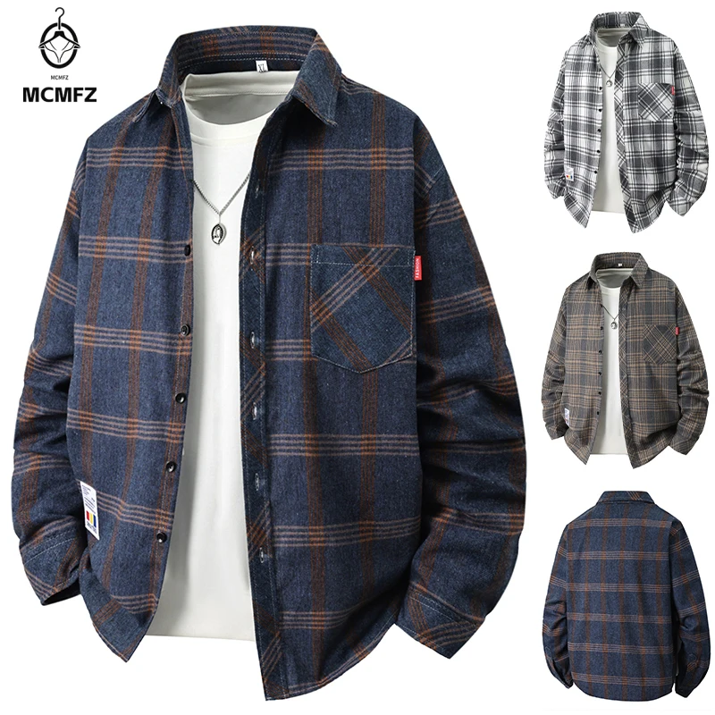 Loose Silhouette Plaid Shirt Male Turn Down Collar Chest Pocket Decoration Breathable Long Sleeve Layered Outerwear