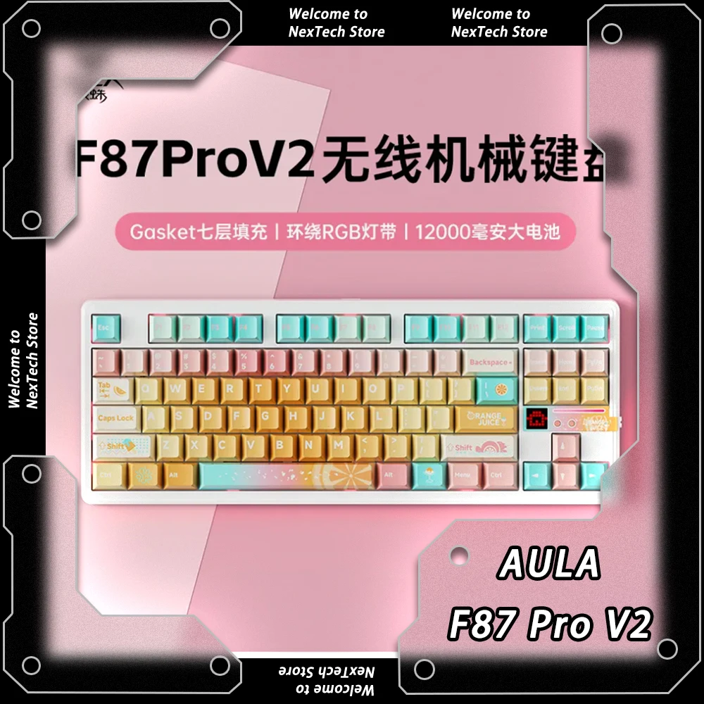 

AULA F87 Pro V2 3-режимная беспроводная механическая клавиатура 12000 мАч с длительным сроком службы батареи Клавиатура для киберспорта с возможностью горячей замены RGB Пользовательские игры для ПК
