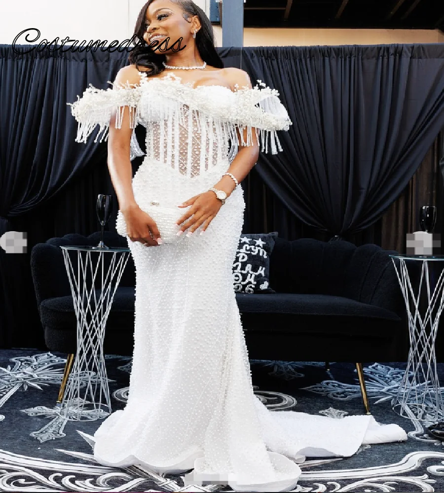 Luxury Pearl Beaded Mermaid Prom Dress Off Shoulder Sheer Corset Tassel Fringe White Evening Gown with Train Nigeria Aso Ebi