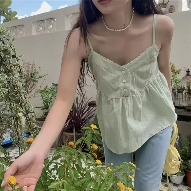 Pop 2025 New Pure Cotton Mini Strap Vest Women's Youthful Solid Versatile Sweet  Casual Comfortable Thin Top