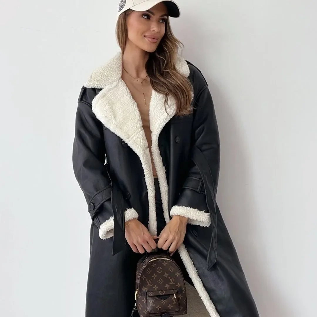 Composite Leather Plush Jackets Outwear Stand-up Collar Wrap Jackets Women Long Sleeve Coat Double-breasted Trench Overcoats