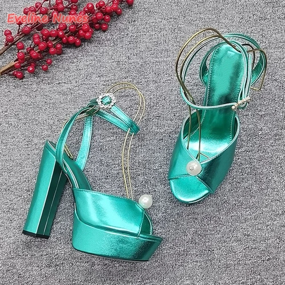 Teal Pearl Platform Sandals 2024 Summer New Arrival Leather Thin High Heel Round Toe Ankle Strap Buckle Model Women's Shoes