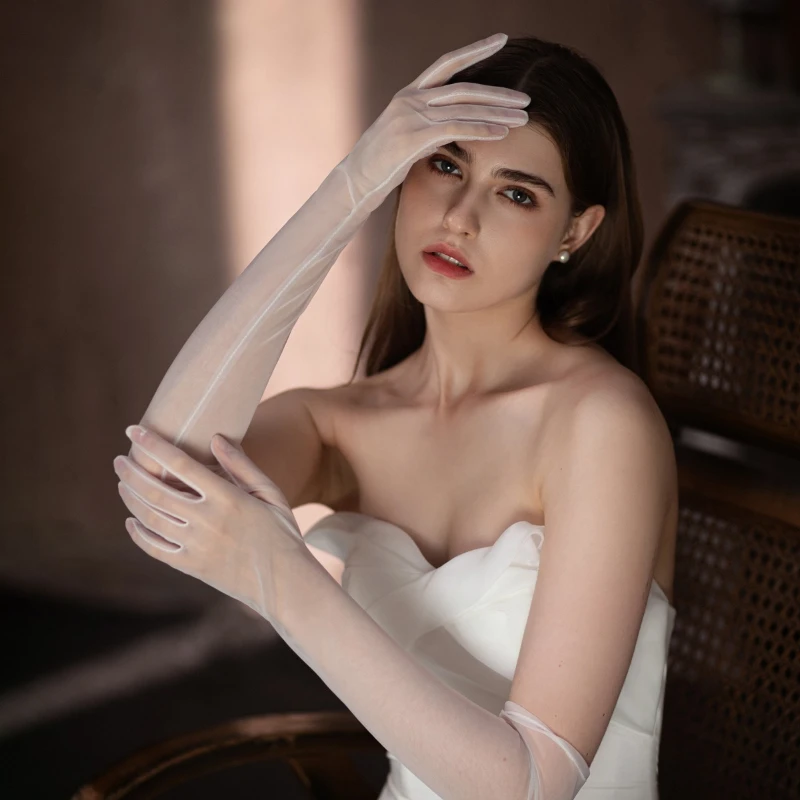 White Simple Tulle Long Bridal Gloves Sheer Mesh Wedding Gloves for Bride Evening Party Prom Dress Accessories